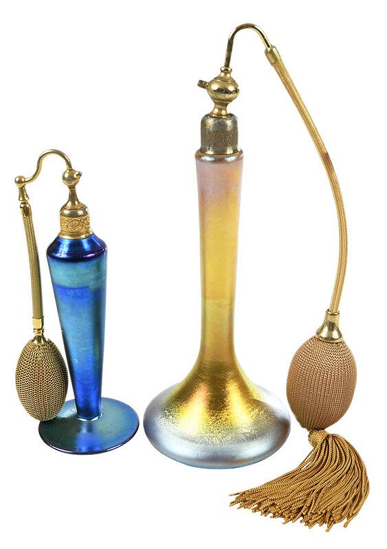 Appraisal: Two Aurene Art Glass Atomizers American probably Steuben gold aurene