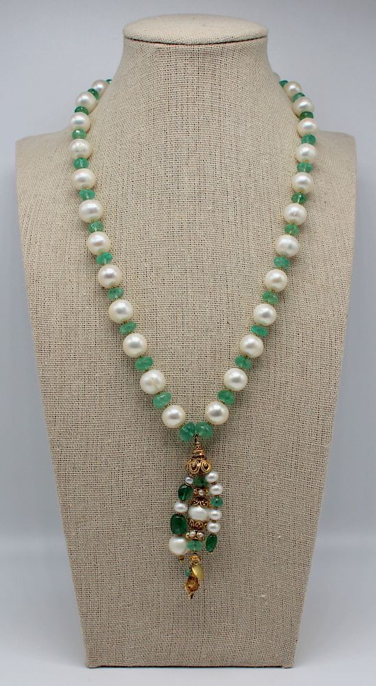 Appraisal: JEWELRY kt Gold Emerald and Pearl Necklace Beautiful pearl and