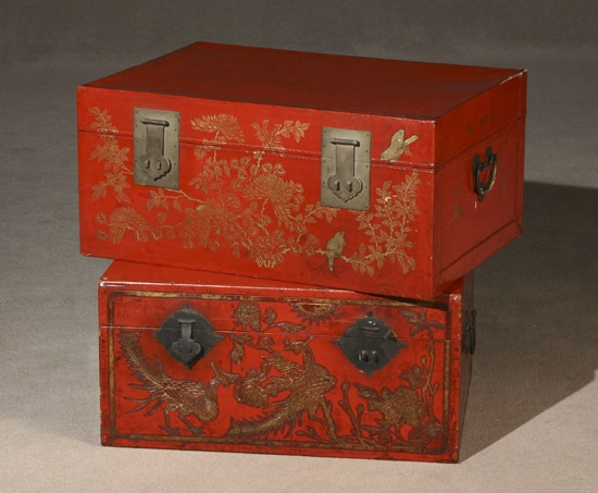 Appraisal: Two Chinese Wrought-Metal Mounted Parcel Gilt Red Lacquered Parchment Storage