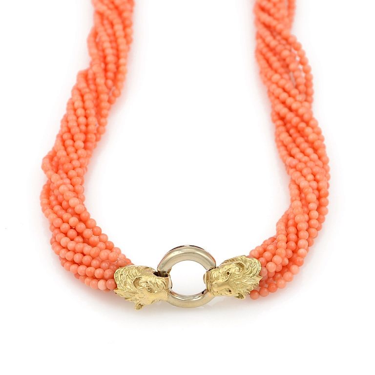 Appraisal: K YG Coral Bead Necklace w Lions Head Clasp strand