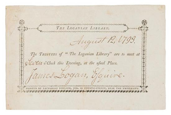 Appraisal: LOGANIAN LIBRARY Partly-printed notice announcing a meeting of the trustees