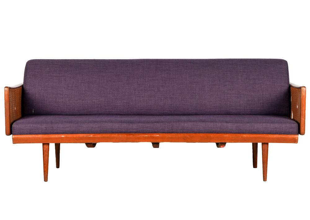 Appraisal: PETER HVIDT MID-CENTURY MODERN SOFA MADMEN PROPteak and woven rattan