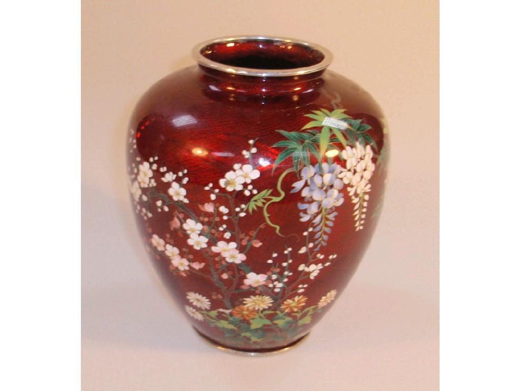 Appraisal: A thC cloisonne ovoid vase with silver wire overlay and