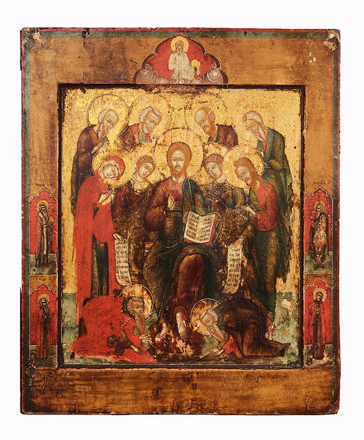 Appraisal: AN ORTHODOX ICON portraying the Extended Deesis with the kneeling