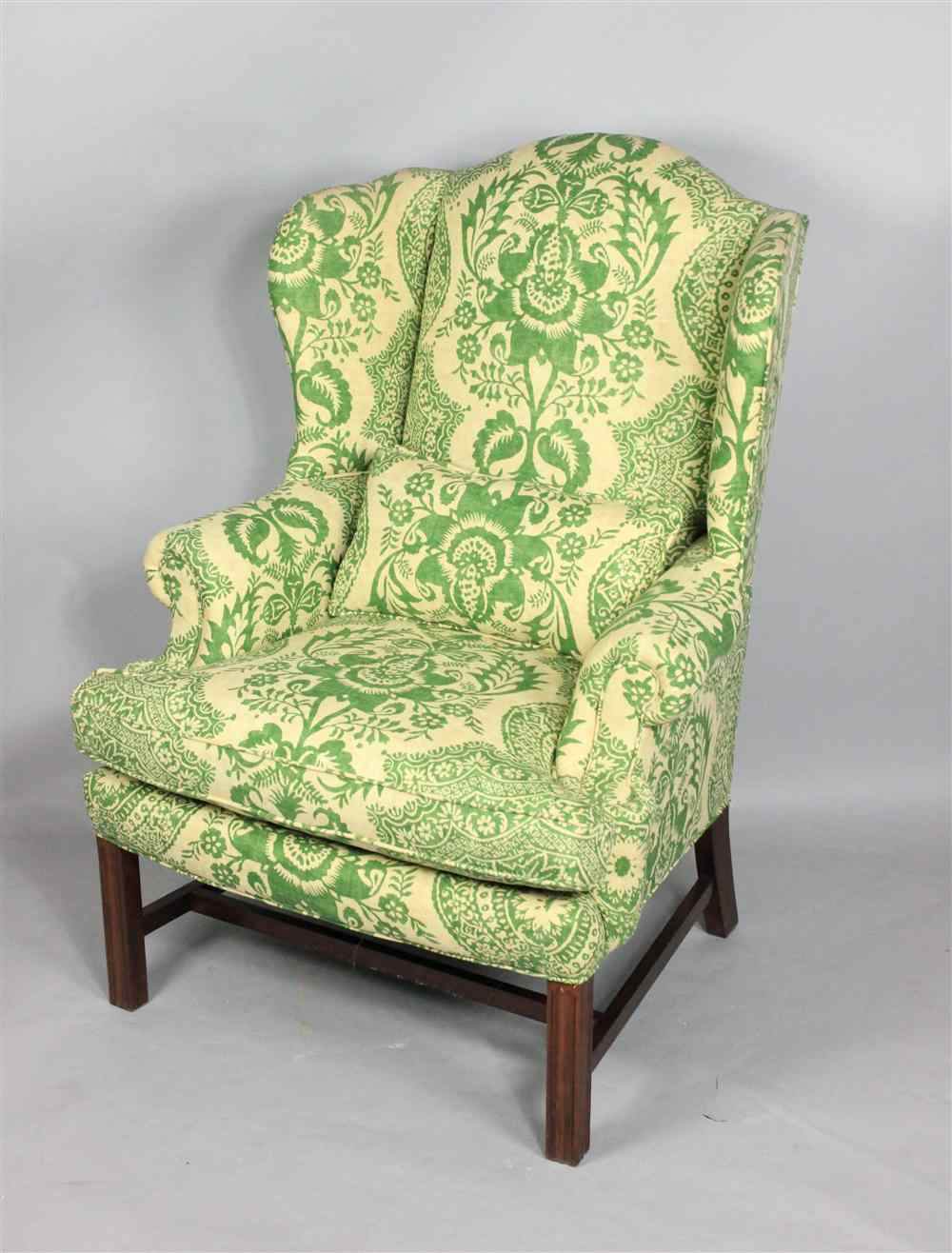 Appraisal: SHERRILL MAHOGANY COTTON DAMASK UPHOLSTERED WING CHAIR arched back above