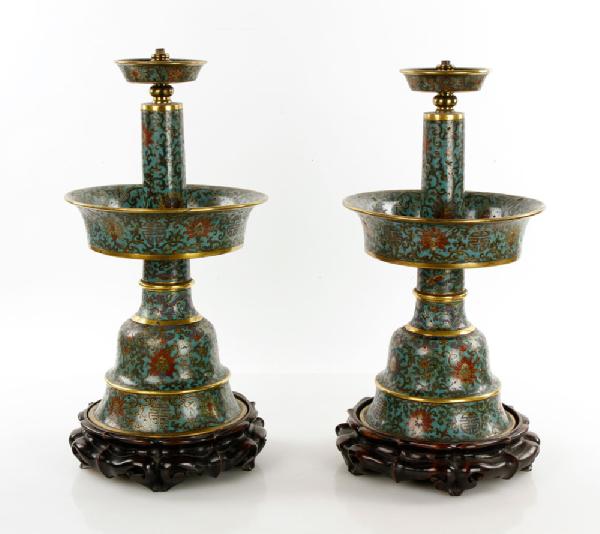 Appraisal: - Two th C Chinese Cloisonn Lamps Two th century