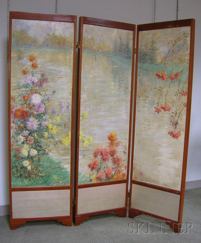 Appraisal: Modern Mahogany Framed Three-Panel Floor Screen with painted oil on