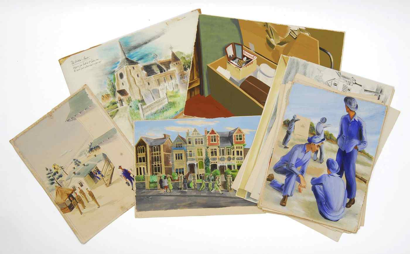 Appraisal: RIC HOWARDAmerican - Eighteen WWII-era colored sketches Depicting scenes from