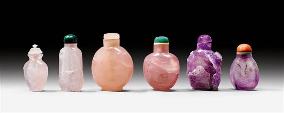 Appraisal: SIX SNUFF BOTTLES OF QUARTZ FOUR ROSE QUARTZ TWO AMETHYST