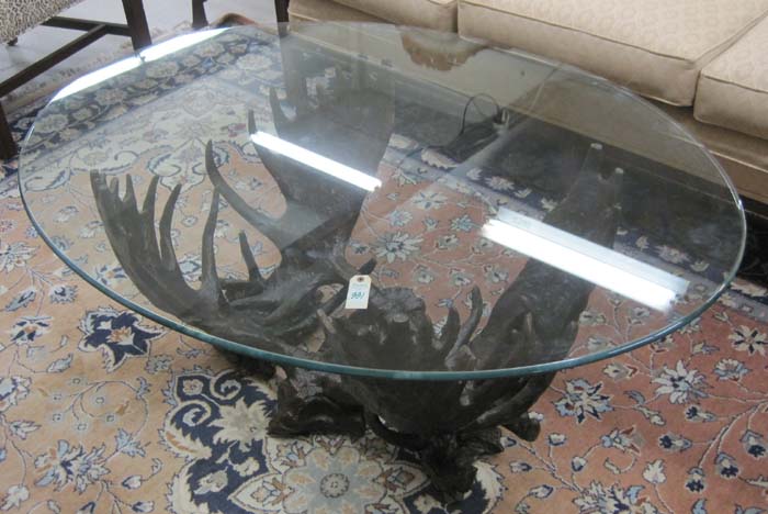 Appraisal: GLASS TOP 'MOOSE ANTLER' COFFEE TABLE cast resin with bronze