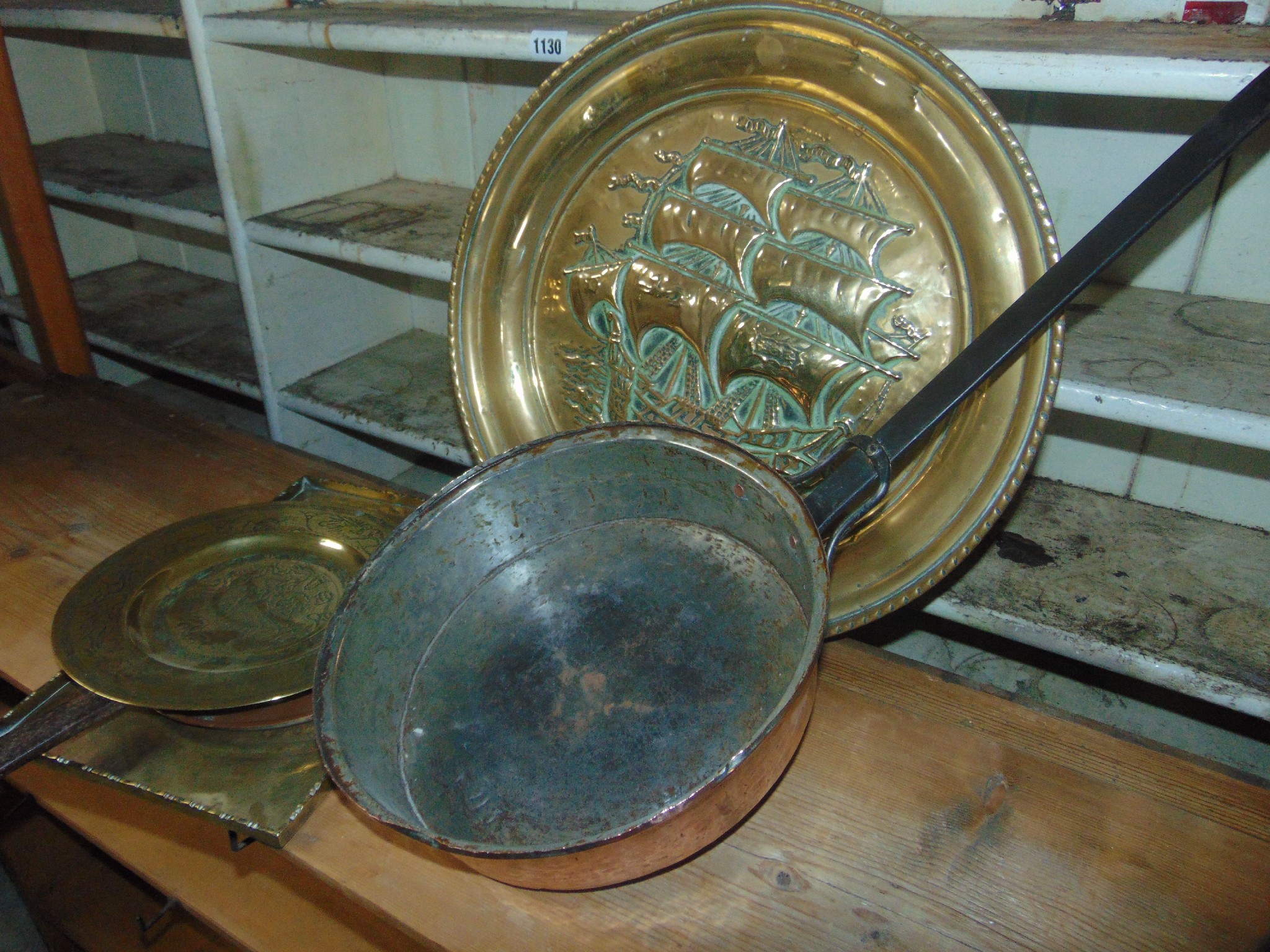 Appraisal: A copper pan with steel handle Chinese brass dish two