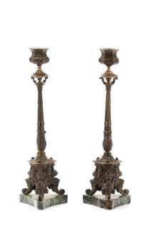 Appraisal: Pair th C Bronze Gas Street Lamp Candle Sticks Continental