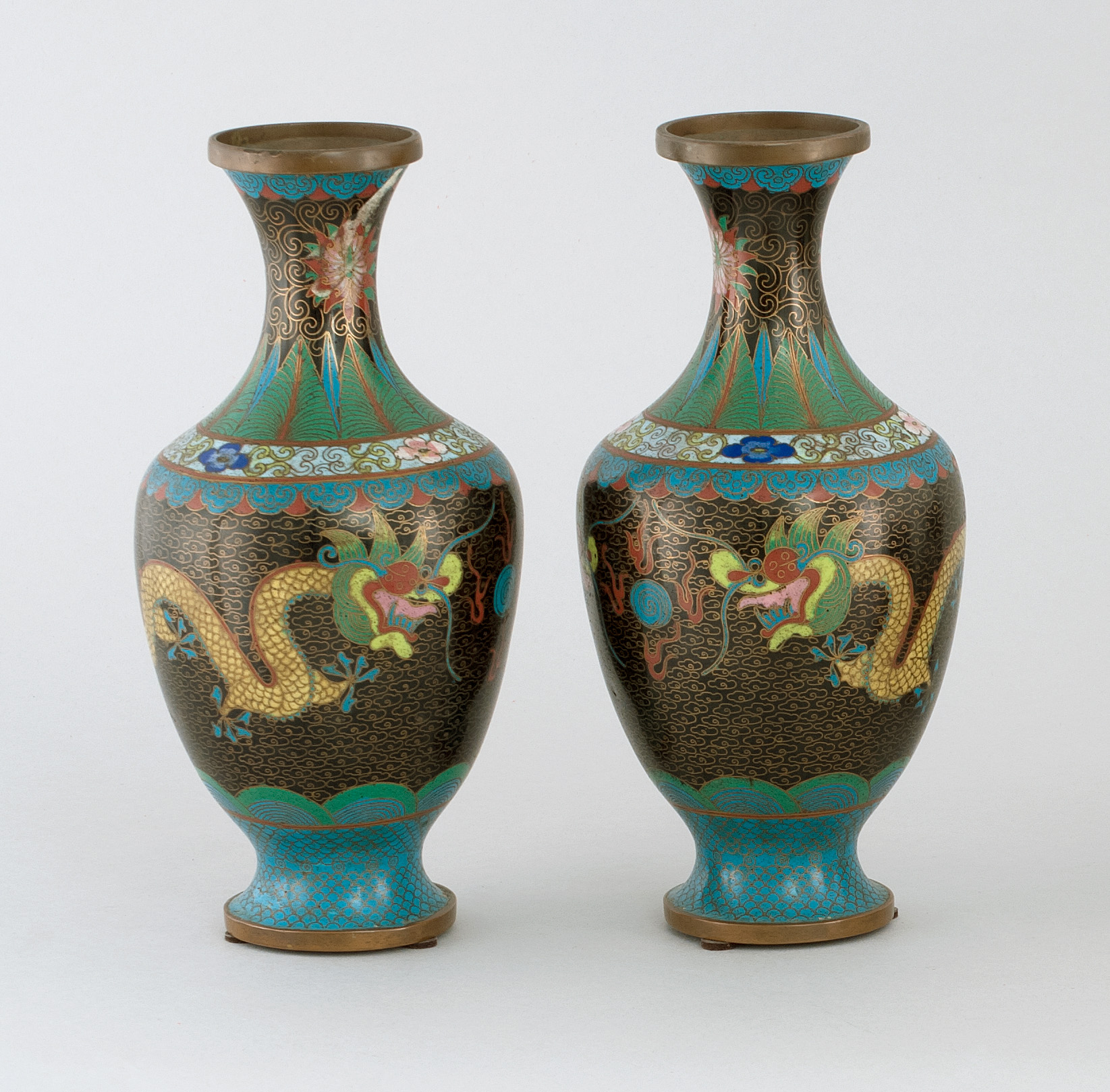 Appraisal: PAIR OF CLOISONN ENAMEL VASES Early th CenturyIn baluster form