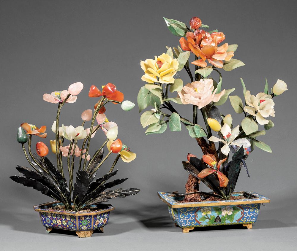 Appraisal: Two Chinese Hardstone Trees in Cloisonn Enamel Pots realistically modeled