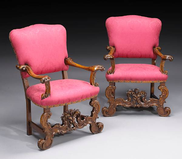 Appraisal: A pair of Italian Rococo walnut armchairs th century Each