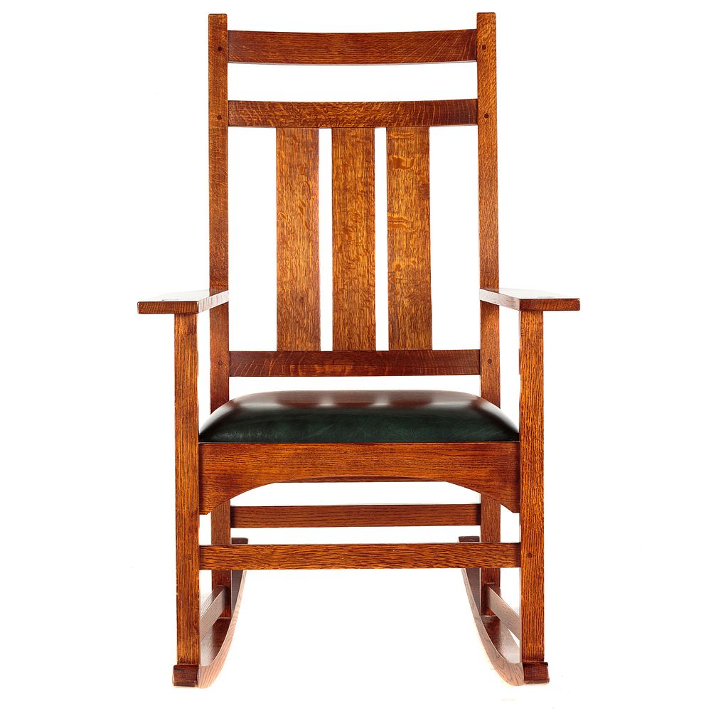 Appraisal: L J G Stickley Oak Mission Rocker With removable green