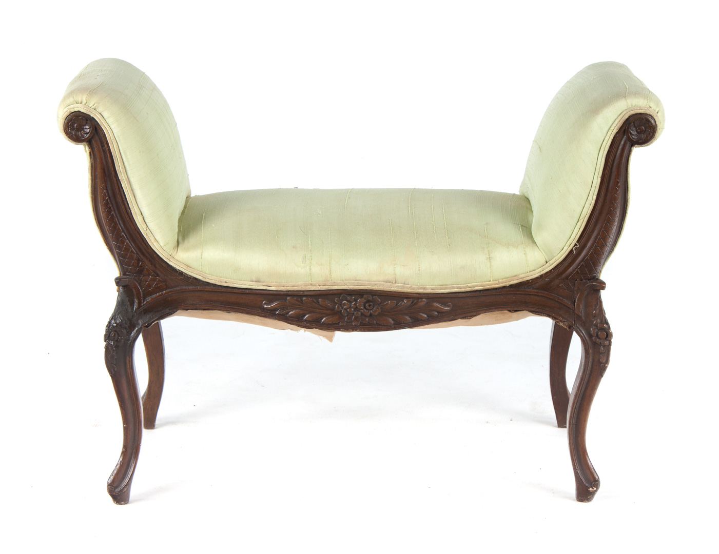 Appraisal: Louis XV style carved walnut window seat upholstered arms and