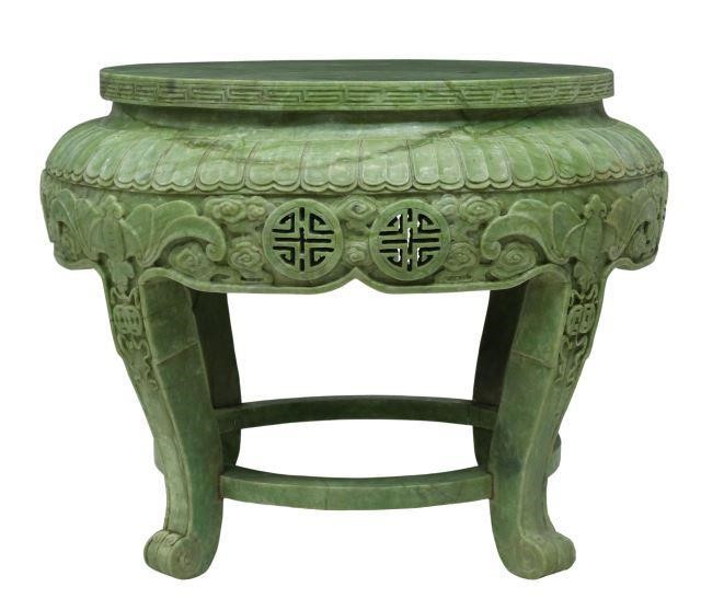 Appraisal: Chinese carved green hardstone center table th c circular top