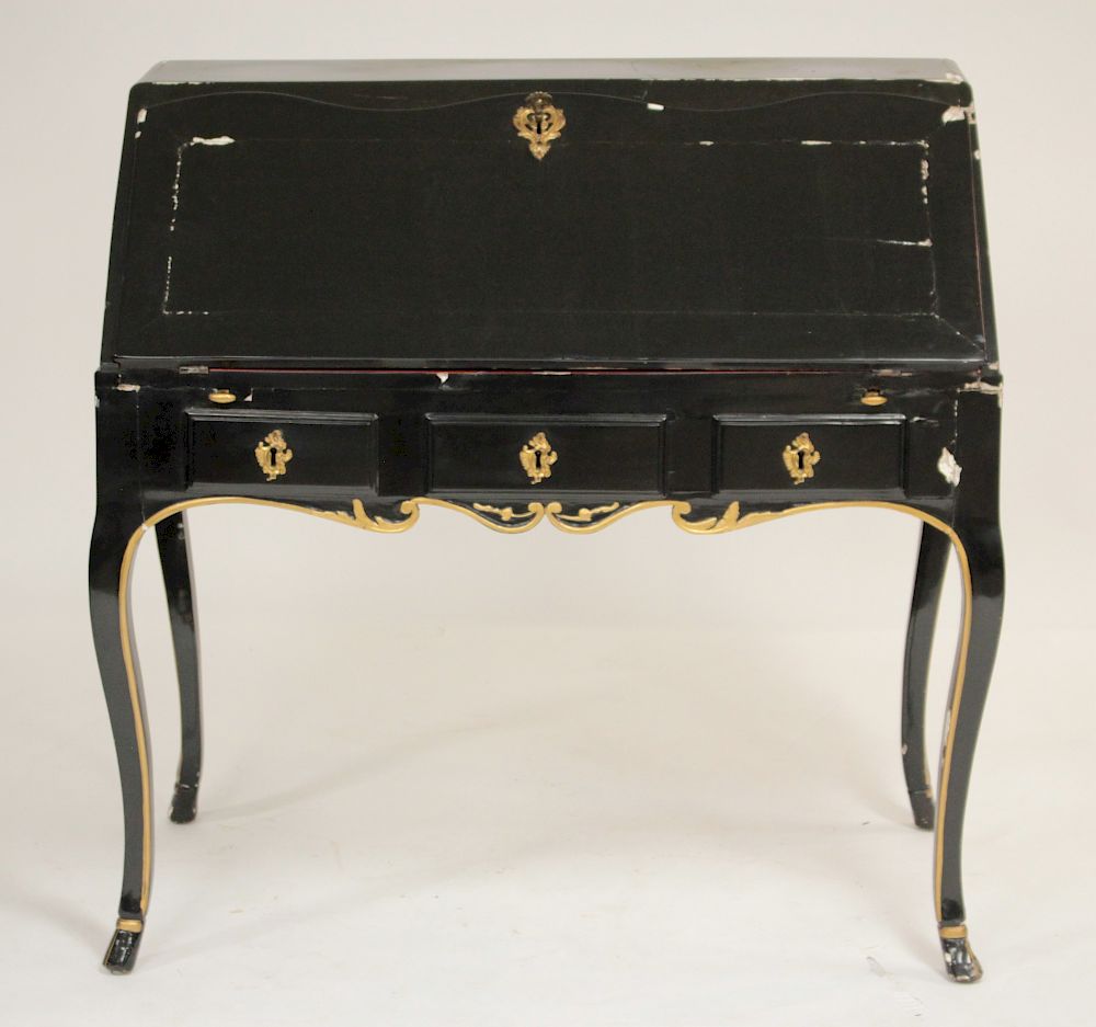 Appraisal: Louis XV Black Lacquered Slant Front Desk th C fitted