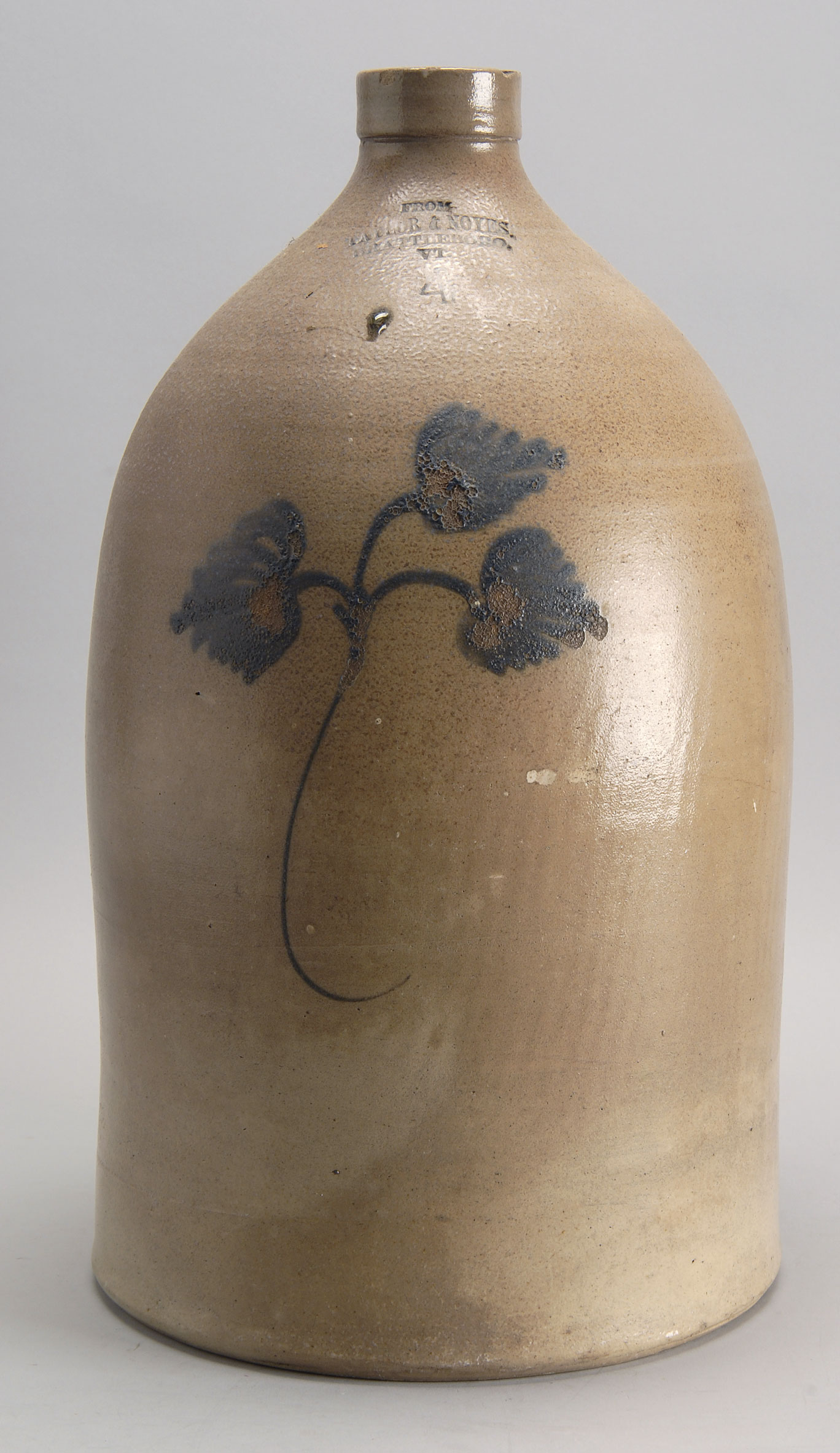 Appraisal: TH CENTURY AMERICAN STONEWARE FOUR-GALLON JUG with cobalt blue decoration