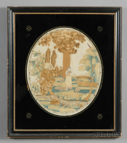 Appraisal: Silk Needlework Picture of a Shepherdess in a Landscape probably