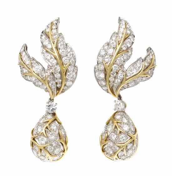 Appraisal: A Pair of Platinum Karat Gold and Diamond Drop Earrings