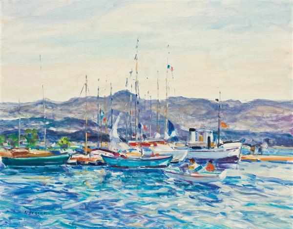 Appraisal: GASTON SEBIRE American - Boats in a Harbor oil on