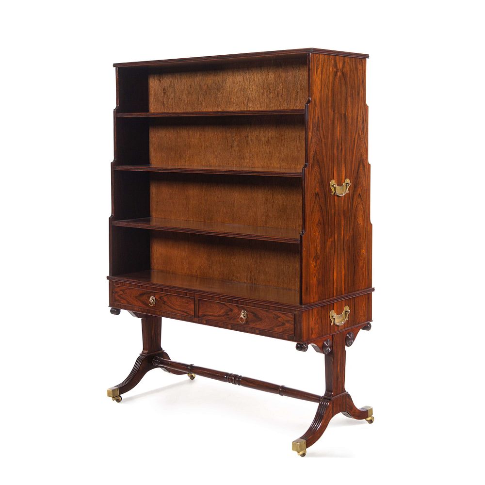 Appraisal: A Regency Style Figured Rosewood Double-Sided Bookcase on Stand A