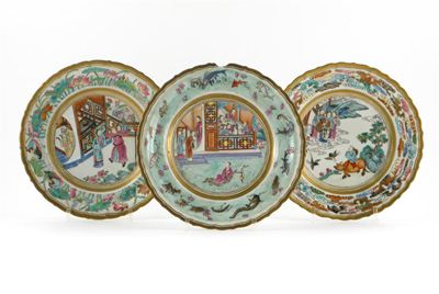 Appraisal: Three Chinese famille rose plates painted with figures in various