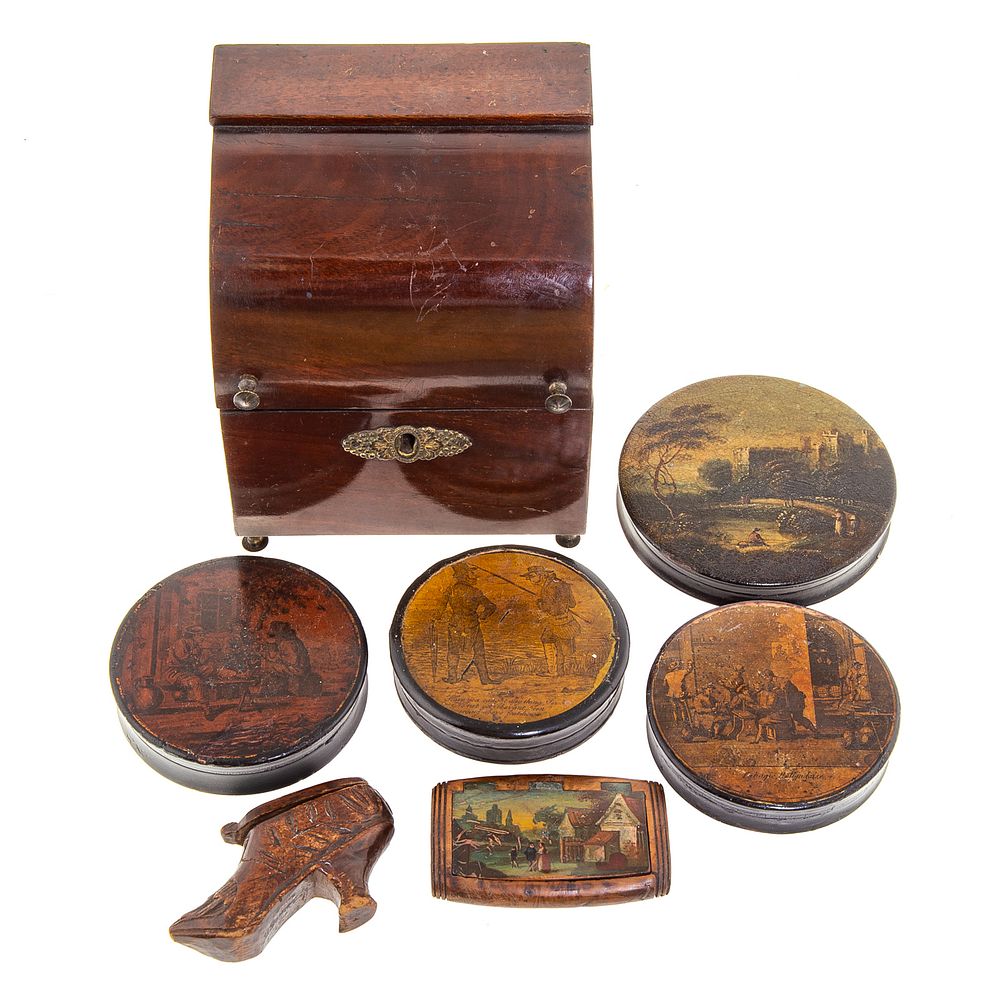 Appraisal: Six English Snuff Boxes Mahogany Box Includes four circular lacquer