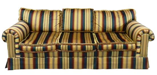 Appraisal: Sofa gold upholstery with alternating green red and maroon stripes