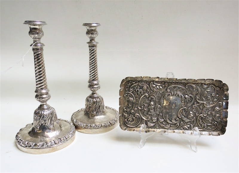 Appraisal: PAIR CONTINENTAL SILVER CANDLESTICKS AND SMALL TRAY pair of repousse