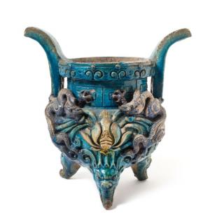 Appraisal: A Large Turquoise Glazed Pottery Censer A Large Turquoise Glazed