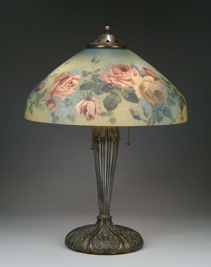 Appraisal: REVERSE PAINTED ROSE LAMP Outstanding reverse painted shade has beautiful