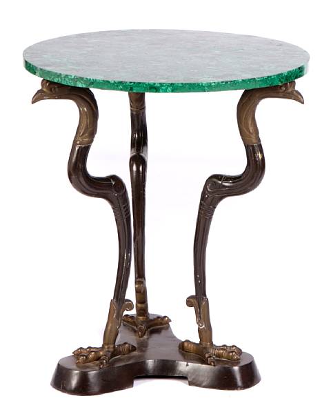 Appraisal: A patinated bronze table base with bird supports and malachite