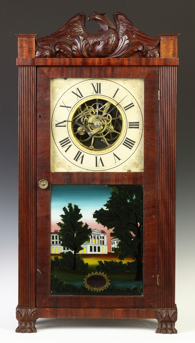 Appraisal: S B Terry Shelf Clock Mahogany case fluted columns eagle