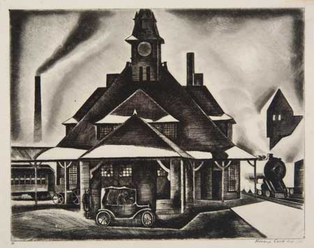 Appraisal: HOWARD COOK The Station Etching on tissue-thin Japan paper x