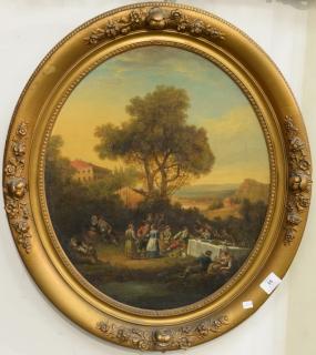 Appraisal: Continental th century oval oil on canvas Hillside Festivities unsigned