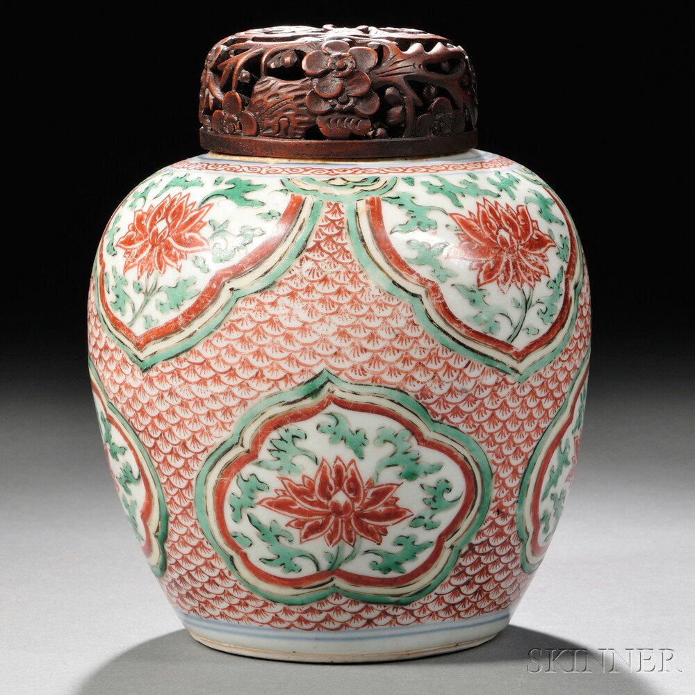 Appraisal: Wucai Covered Jar China Qing Dynasty the ovoid body decorated