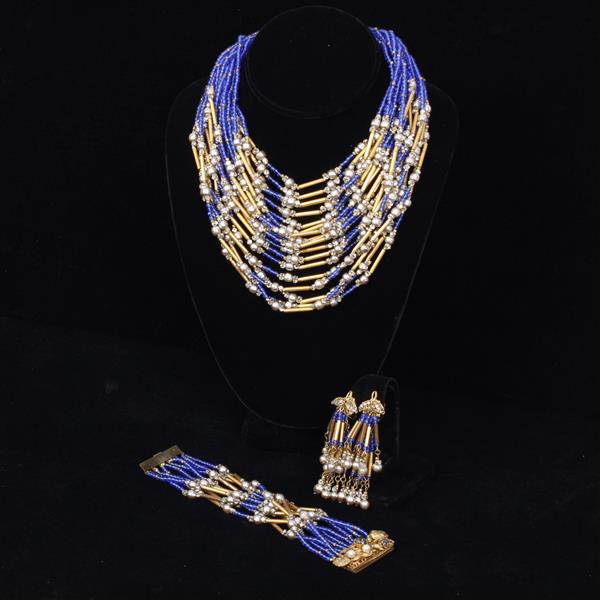 Appraisal: Miriam Haskell pc Blue Gold Necklace Bracelet Clip on Earrings