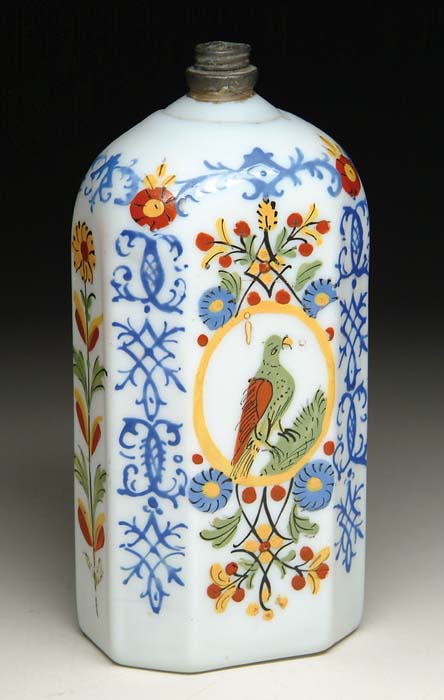 Appraisal: STIEGEL-TYPE BOTTLE White half-post bottle with polychrome enamel floral decoration