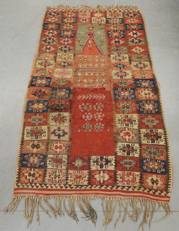 Appraisal: TURKISH KHILIM PICTORIAL PRAYER RUG Middle East th CenturyBrown navy