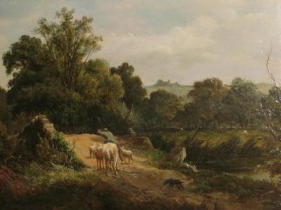 Appraisal: ENGLISH SCHOOL Rural Scene with Drover on a Riverside Lane