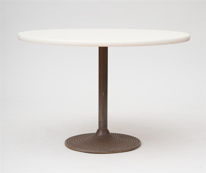 Appraisal: WHITE FORMICA PEDESTAL TABLE WITH WROUGHT-IRON BASE x in diam