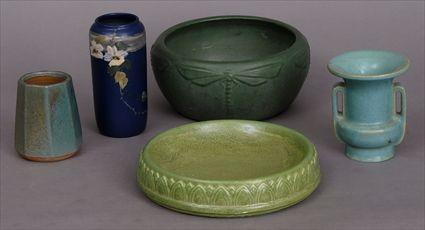 Appraisal: FIVE ART POTTERY VASES AND BOWLS Including an Atlantic matte