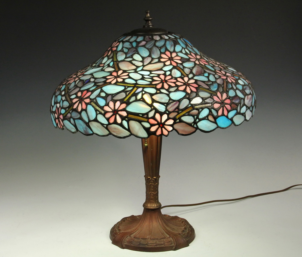 Appraisal: STAINED GLASS TABLE LAMP - Vintage Royal Art Glass Spelter