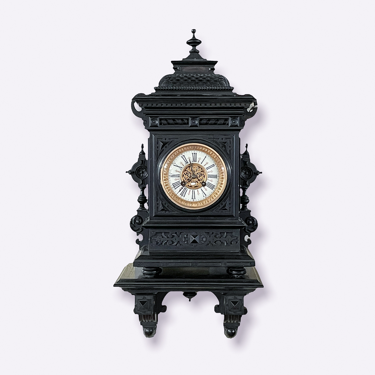 Appraisal: EBONIZED VICTORIAN BRACKET CLOCK W SHELF Elaborately carved ebonized bracket