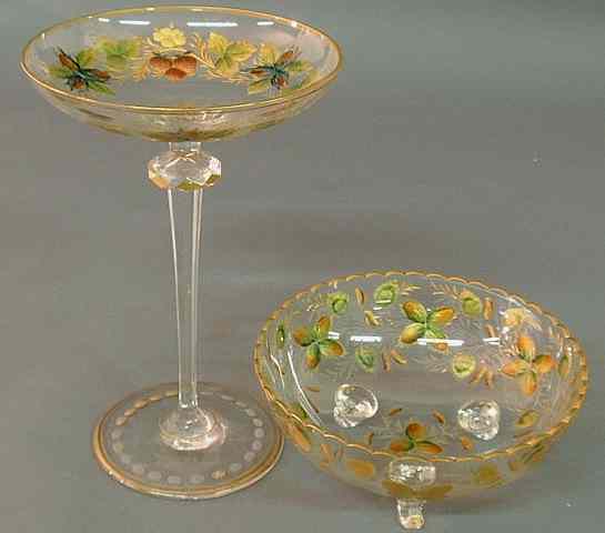 Appraisal: Glass compote and peg-foot bowl dia with handpainted gilt and