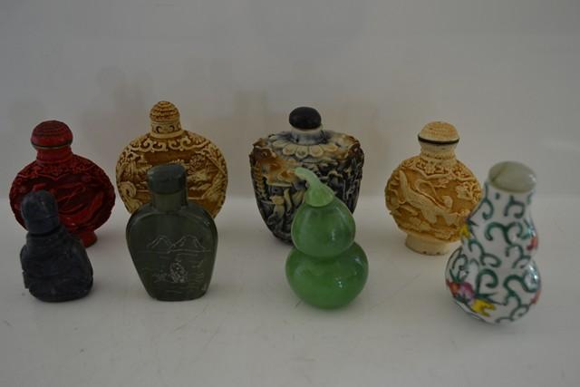 Appraisal: COLLECTION OF EIGHT ORIENTAL SNUFF BOTTLES INCL CINNABAR STYLE