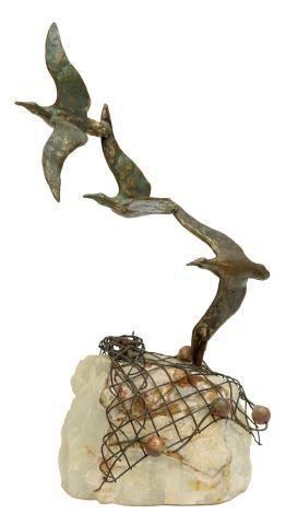 Appraisal: Patinated mixed metal and stone sculpture Seagulls Over Fishing Net